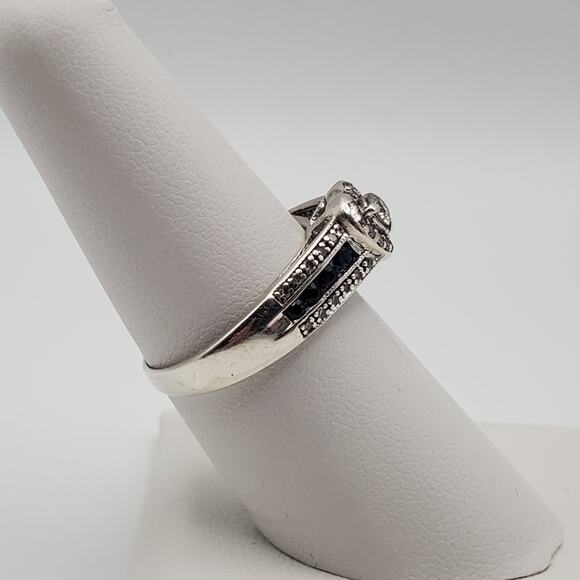 Platinum over Sterling Silver Diamond and Blue Sapphire Heart Ring Size 8 - Picture 4 of 11